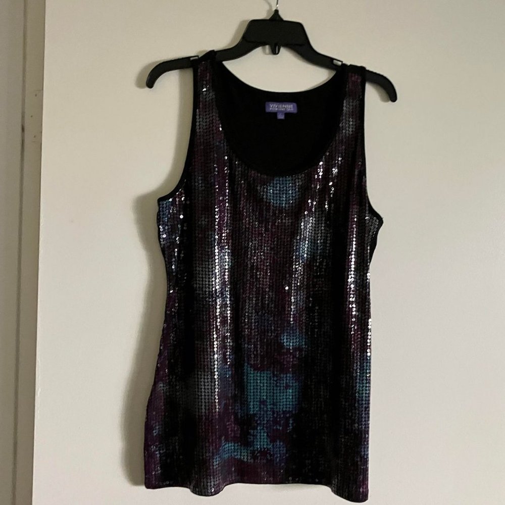 Purple and teal sequin top size L